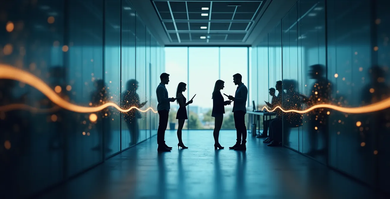 Diverse professionals engaging with personalized learning paths on various devices