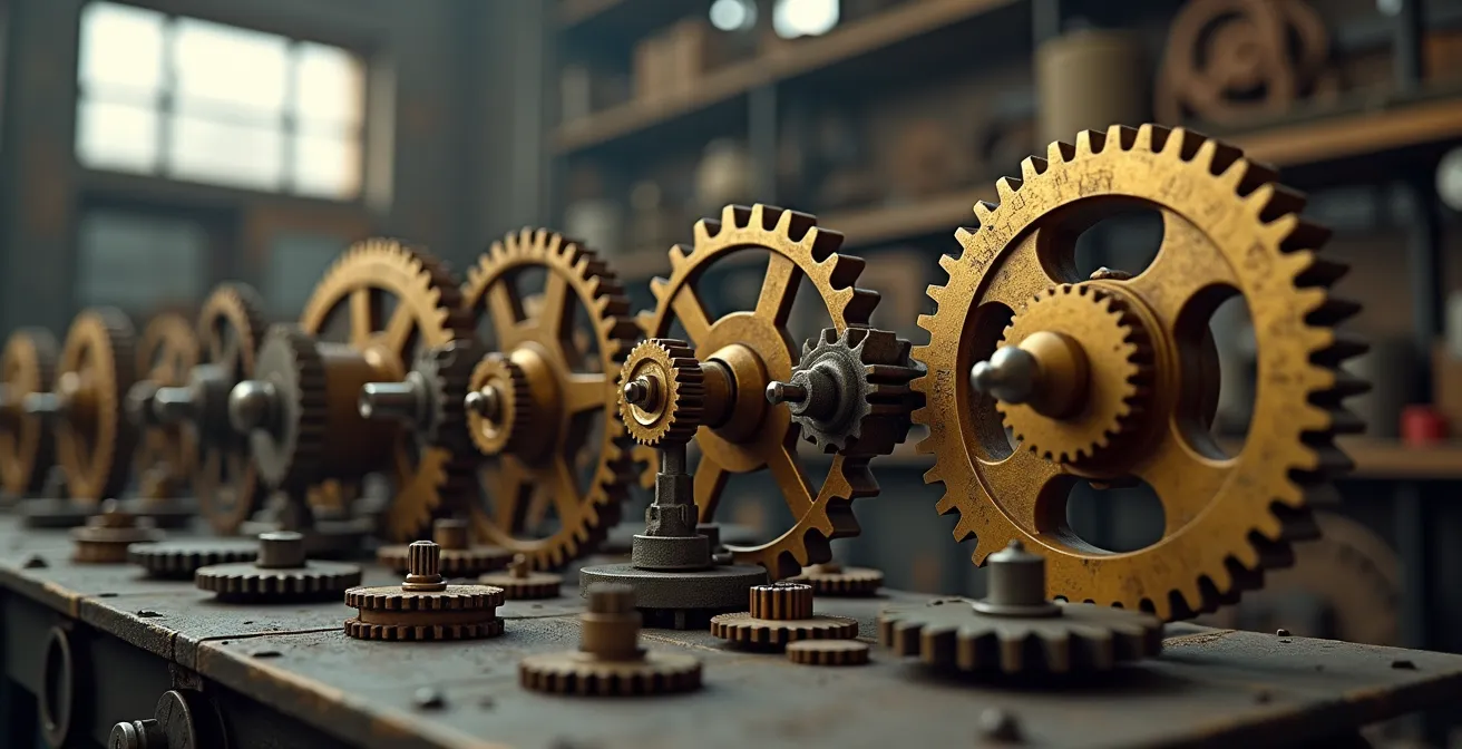 An abstract, mechanical arrangement of interconnected gears and pulleys symbolizing a seamless, automated workflow.