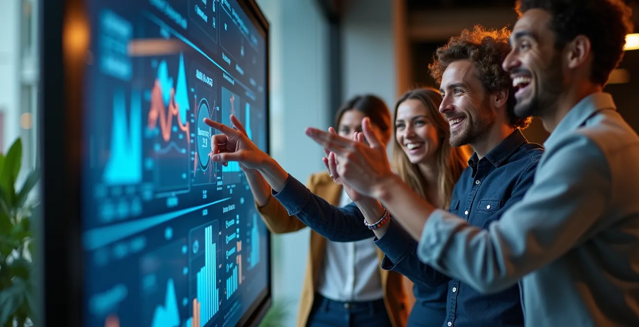 Diverse team celebrating collective achievement around shared digital dashboard showing team progress