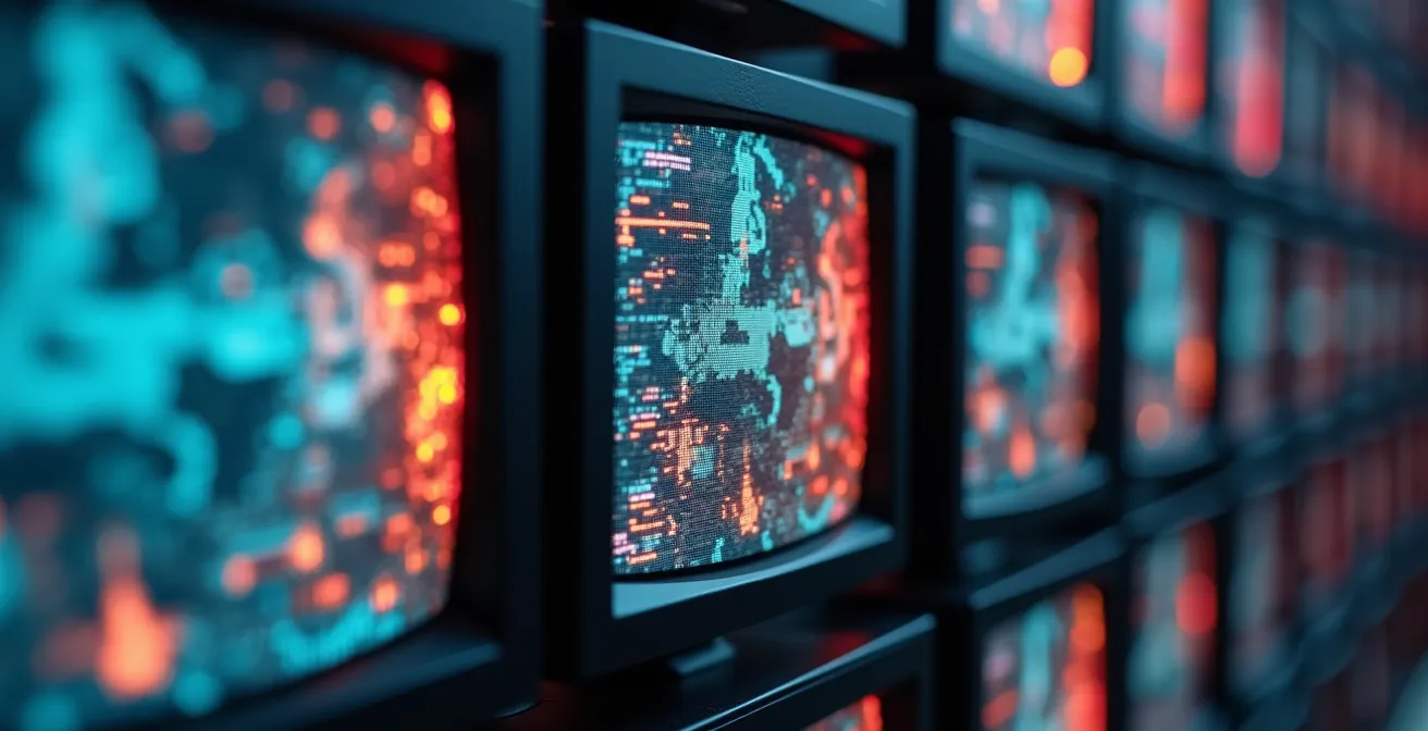 Multiple video screens showing same content adapted for different cultural contexts