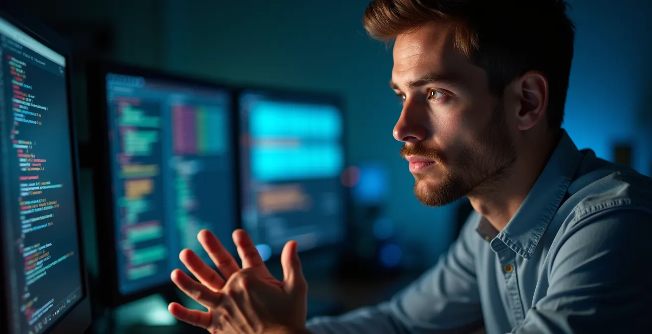 Developer analyzing code structure on multiple monitors with abstract visual patterns