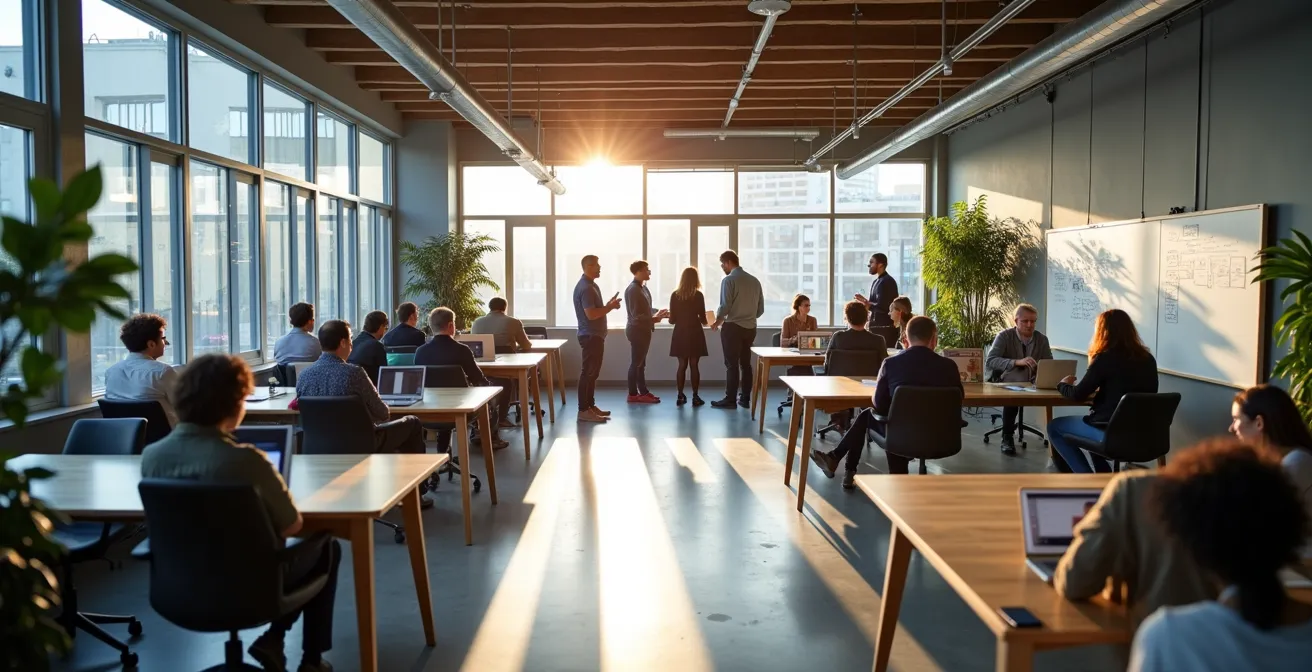 Wide shot of an open office space showing distributed knowledge sharing