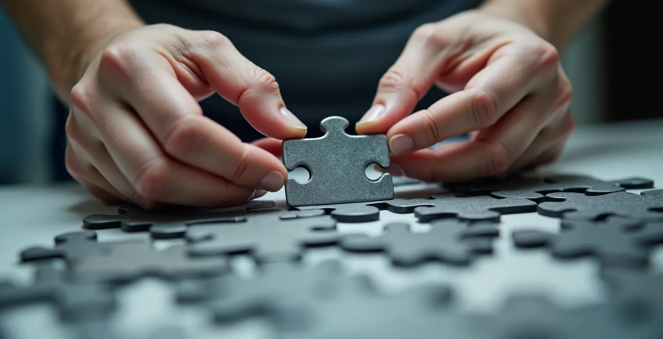 Hands working on mechanical puzzle pieces representing code modules