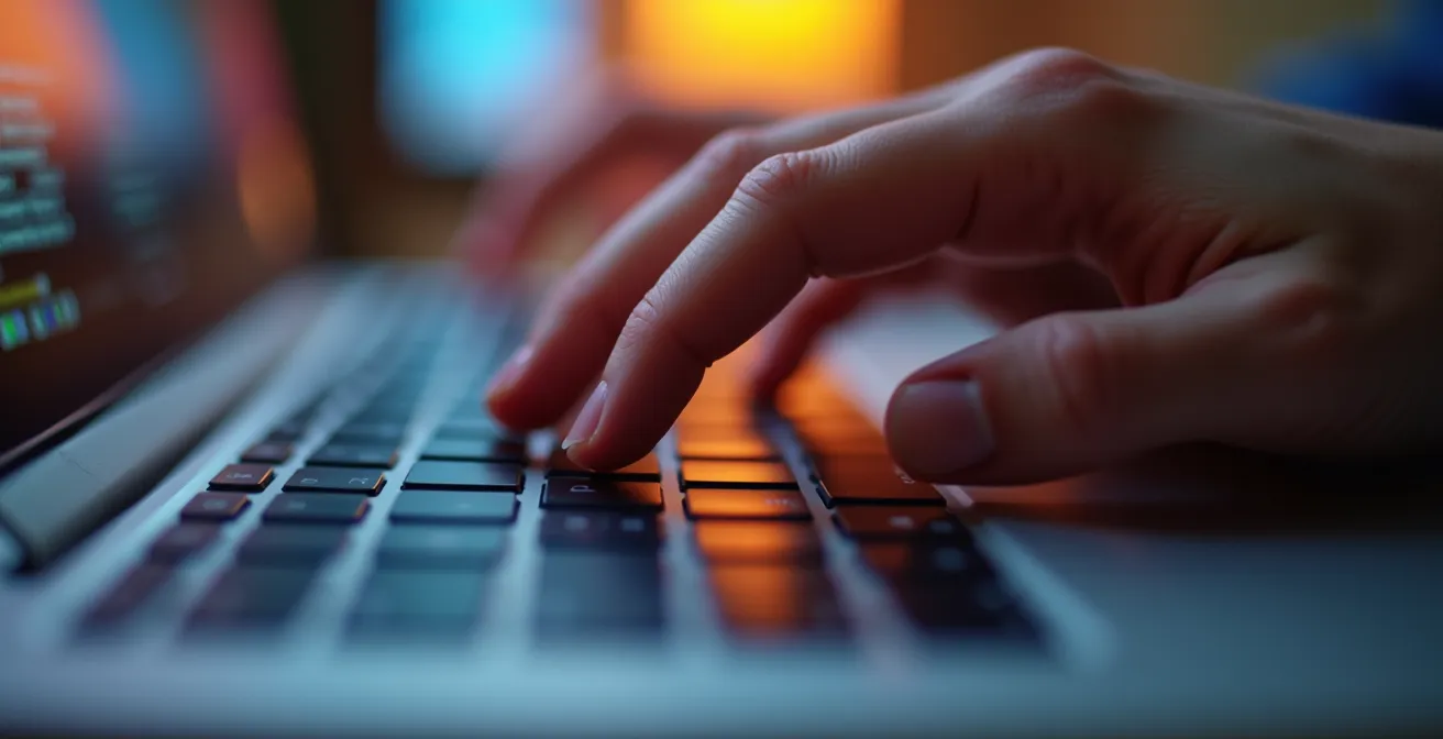 Close-up of hands typing on a keyboard with a thoughtful expression reflected in the monitor