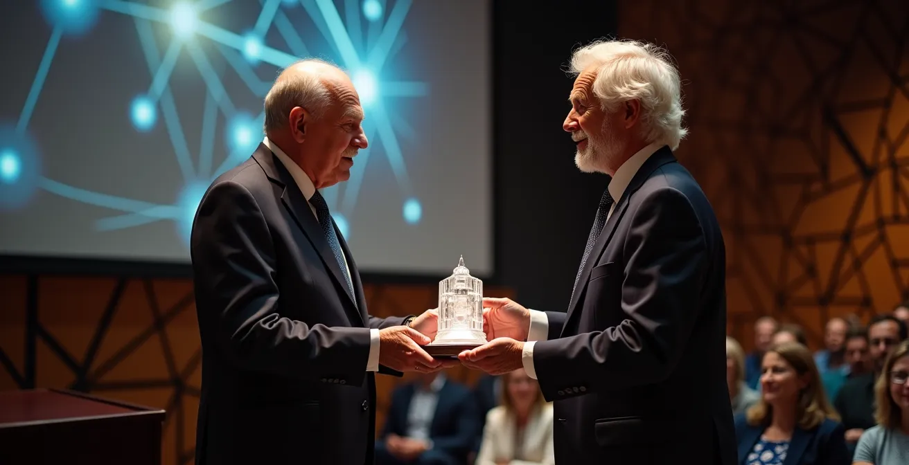 Senior professional receiving award recognition at company event with colleagues applauding