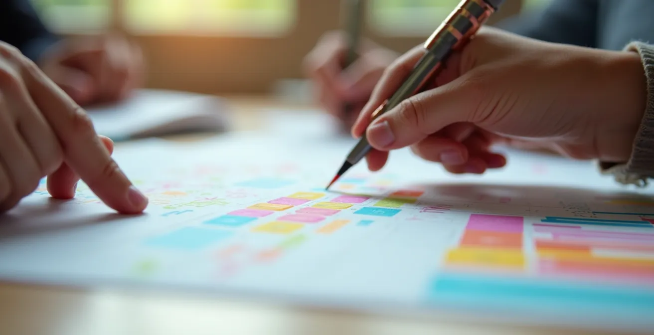 Close-up of hands reviewing a competency rubric document with colored highlighting markers