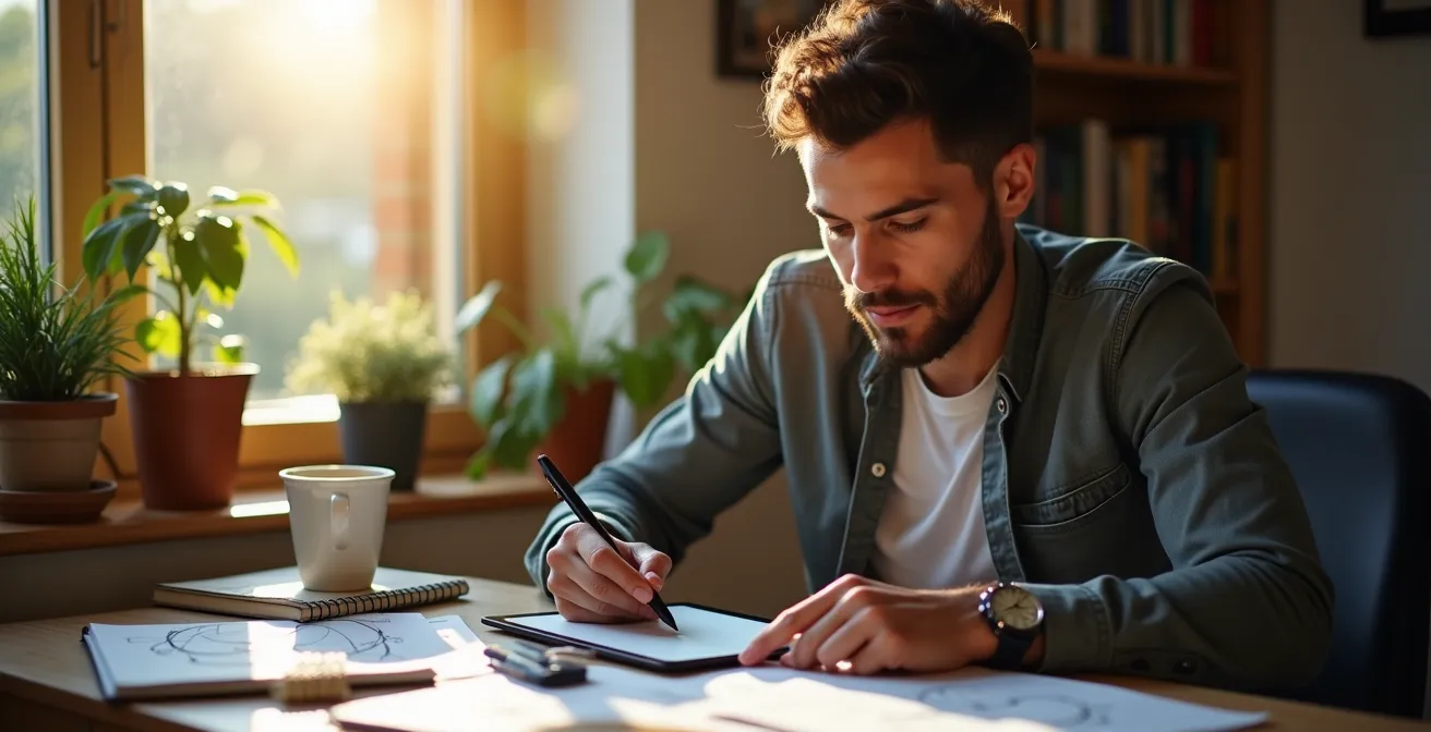 A professional in a quiet corner of an office engaged in focused learning with natural lighting