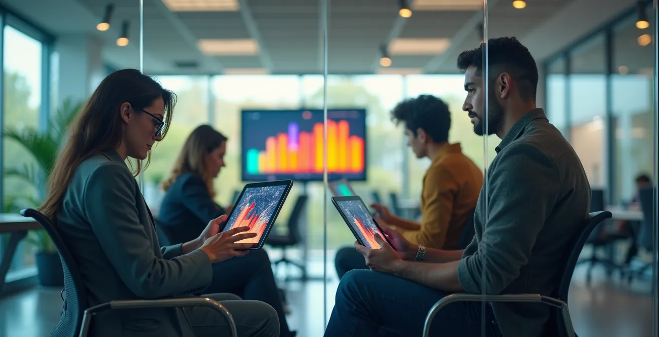 Diverse team members working on tablets in different time zones shown through window reflections