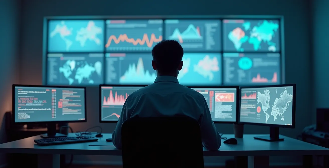 Wide view of training coordinator managing multiple VR sessions on wall displays