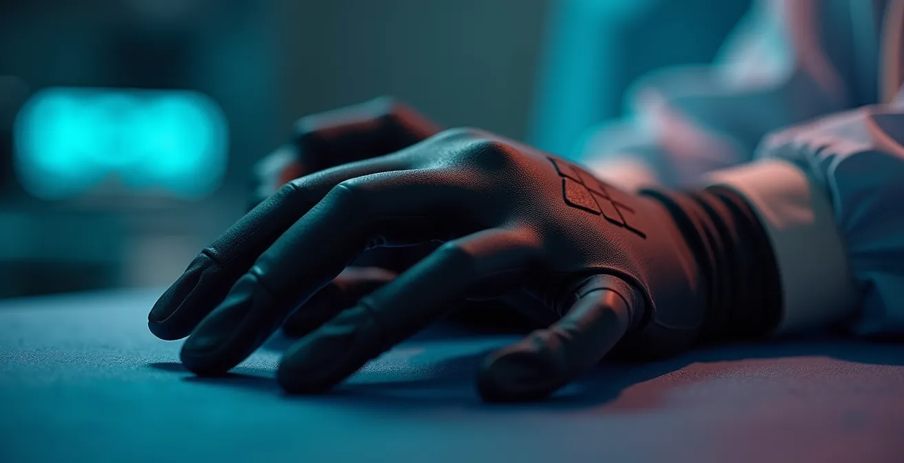 Close-up of hands with haptic gloves performing virtual surgical procedure