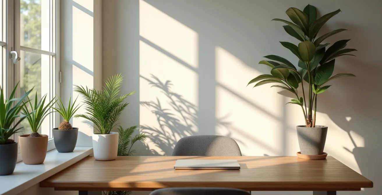 Minimalist home office space showing clear separation between work and living areas through lighting and design