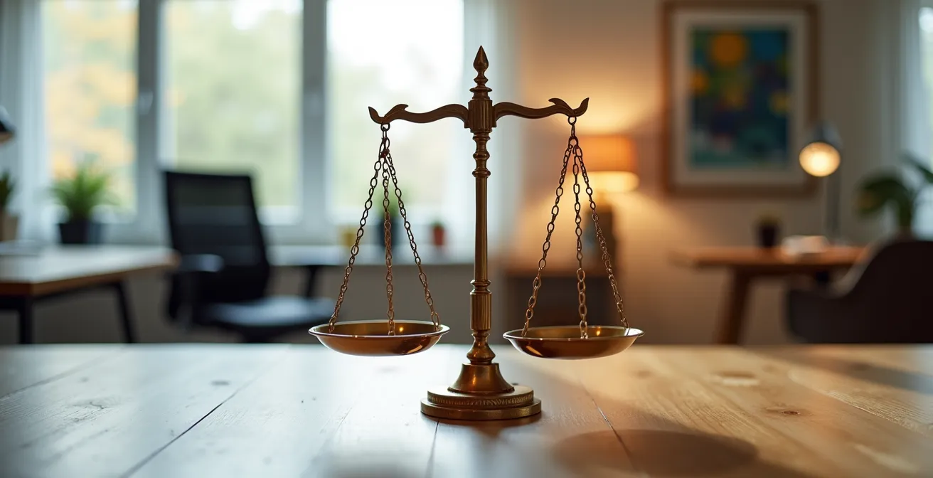 Empty office chairs and a remote workspace setup on a balanced scale, showing workplace duality