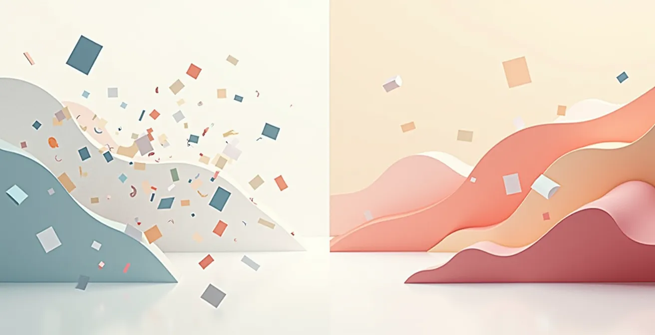 Split screen showing contrasting labeling approaches with integrated versus separated text elements