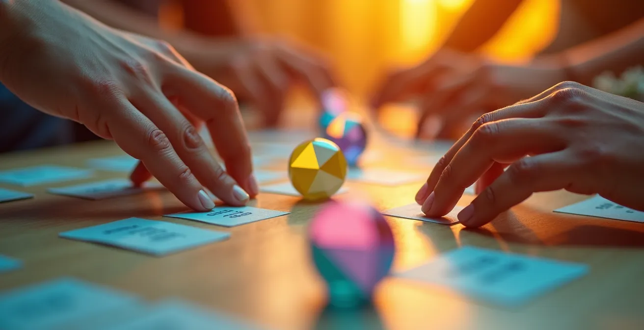 Close-up of hands navigating a colorful learning interface with abstract visual elements suggesting choice and discovery