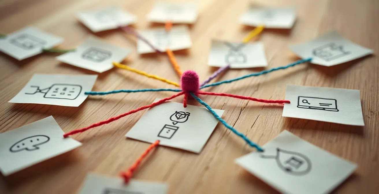 Overhead macro view of interconnected information nodes forming a personal knowledge graph