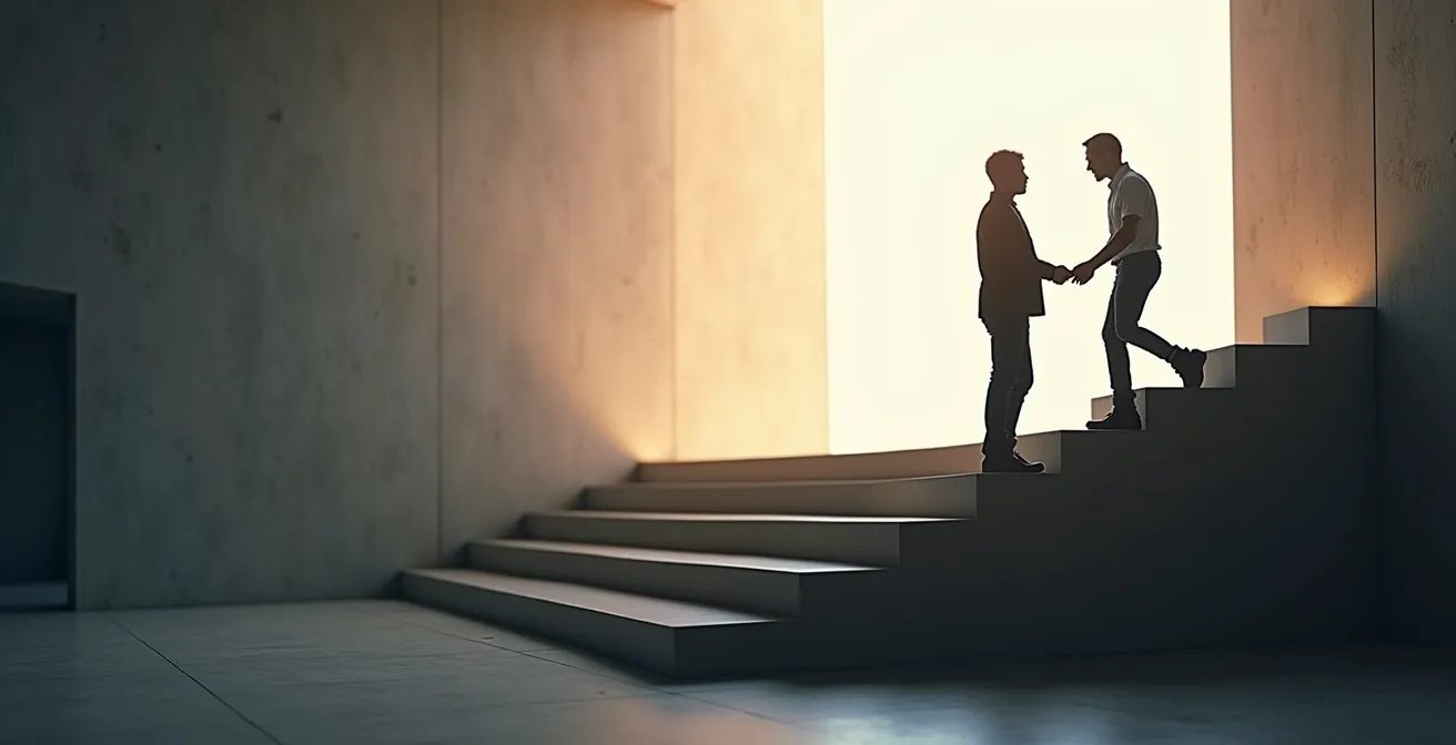 Senior developer mentoring junior colleague in specialized technical environment