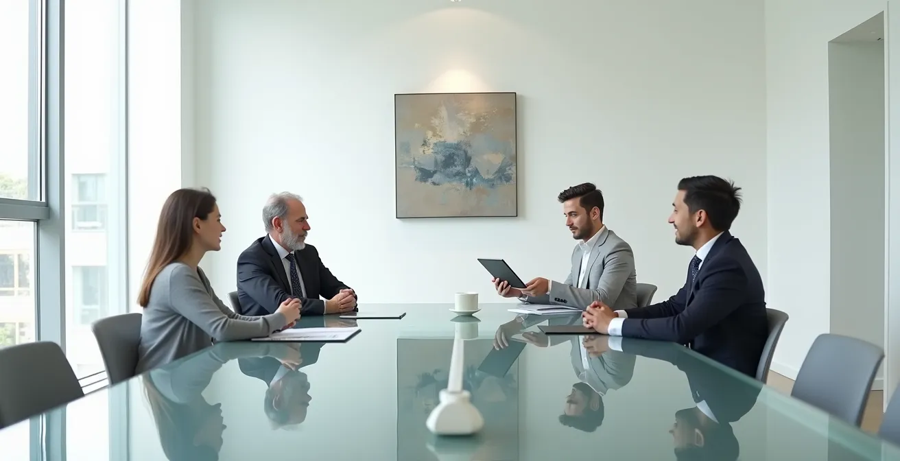 Three professionals in a bright meeting room with a facilitator mediating between mentor and mentee