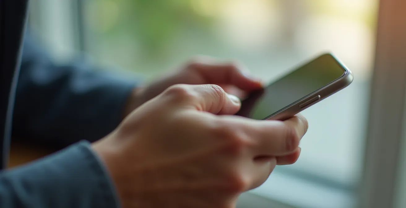 Close-up of hands holding smartphone showing video quality settings
