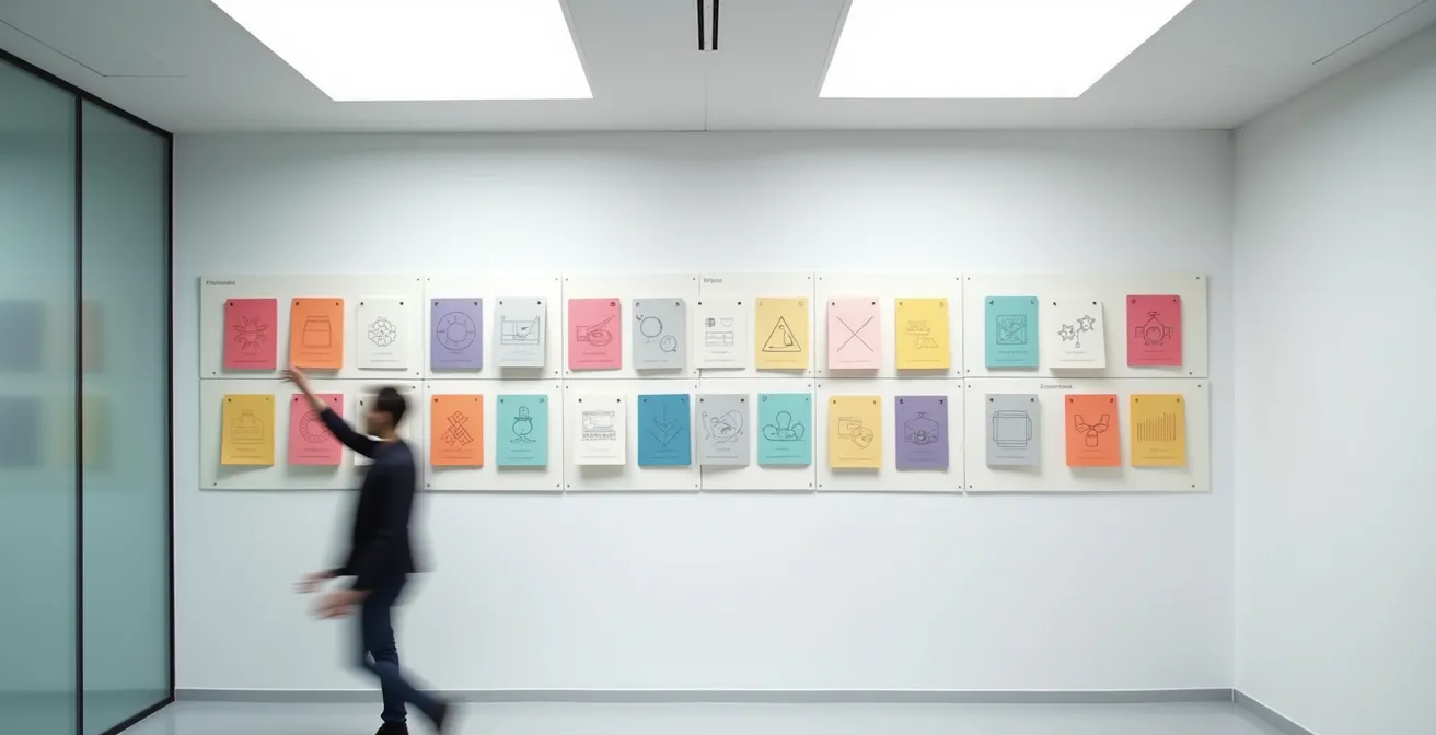 Wide shot of training materials organized in modular sections on a clean workspace