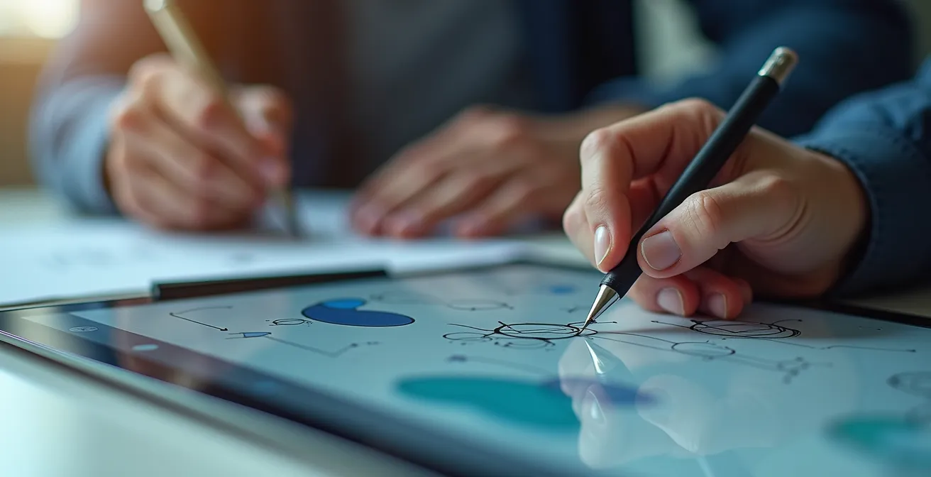 Close-up of hands sketching workflow diagrams while observing expert demonstration