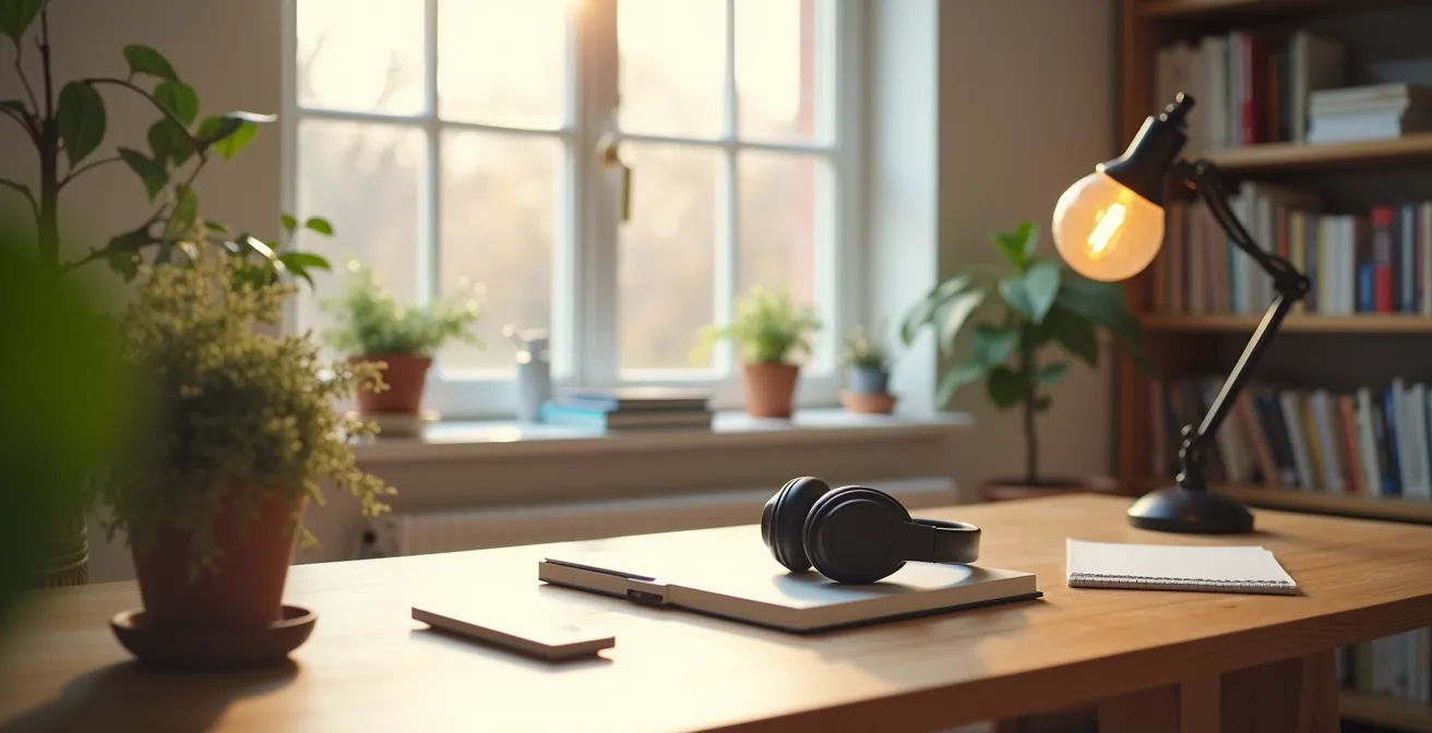 A minimalist, serene study space with natural daylight from a window, a clean desk, and noise-cancelling headphones.