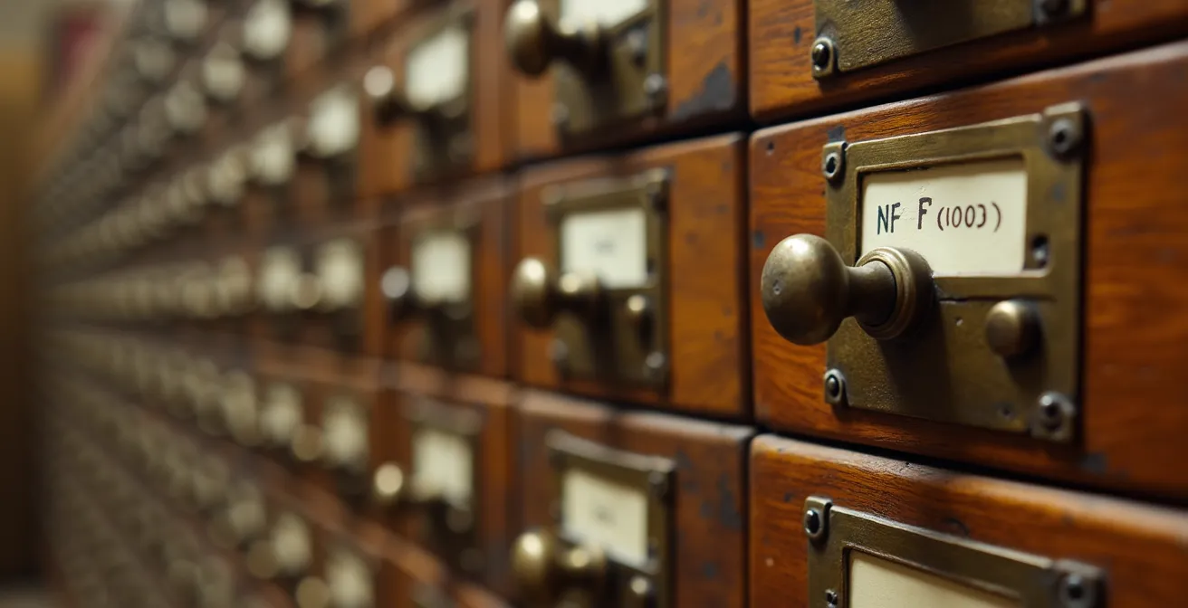 A macro photograph showing a vintage library card catalog with color-coded tabs, representing a perfectly organized filing system.