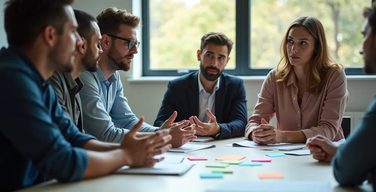 Crisis response team members in focused discussion during post-simulation debrief session
