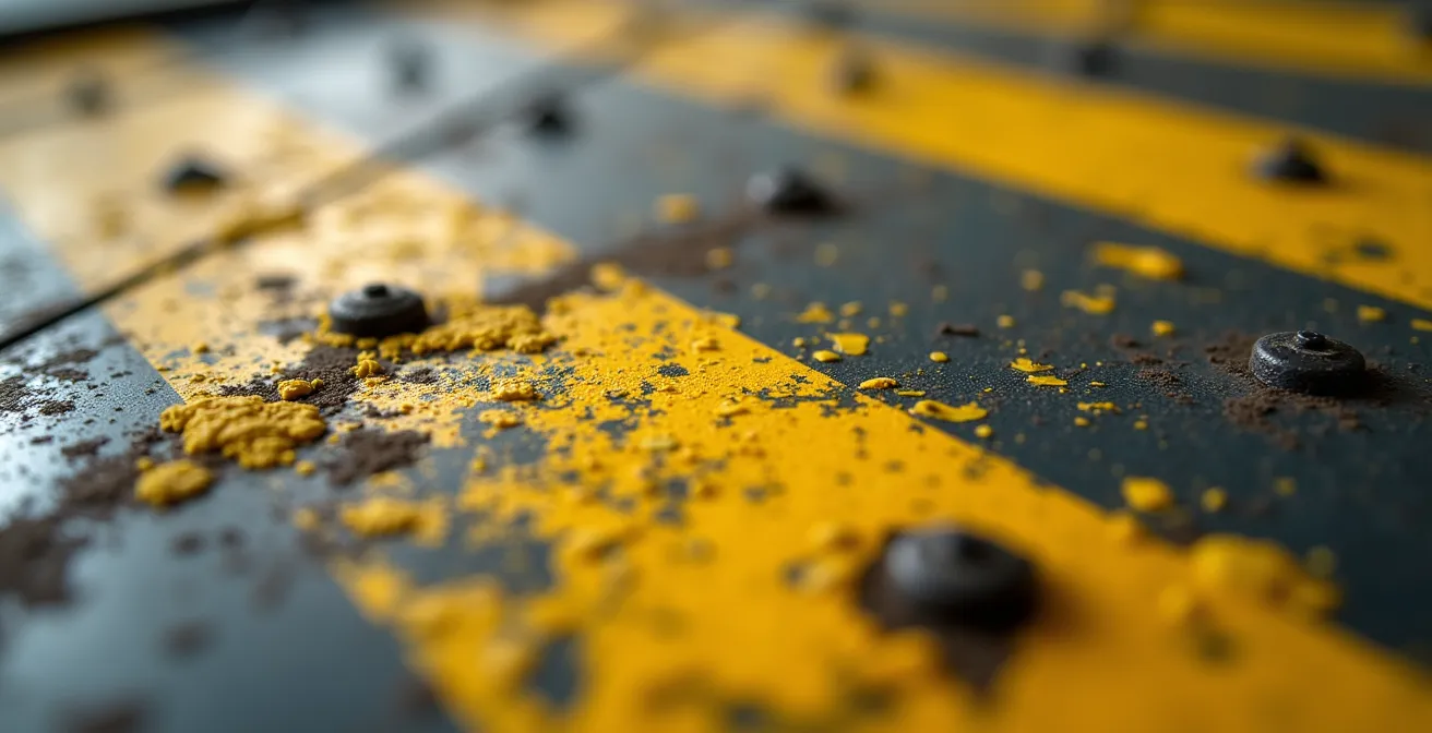 Extreme close-up of safety equipment and control panel textures in manufacturing facility