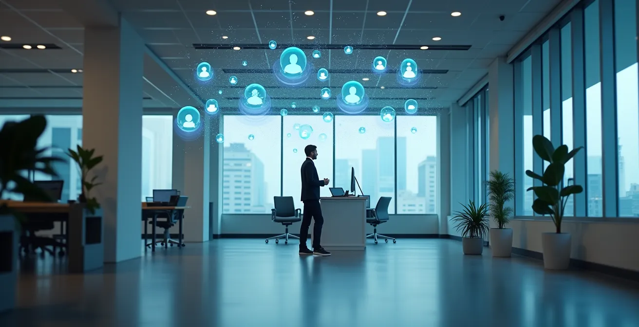 Recruiter reviewing holographic candidate profiles with verification badges