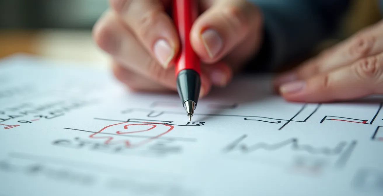 Hands editing a script document with red pen markings and crossed out sections