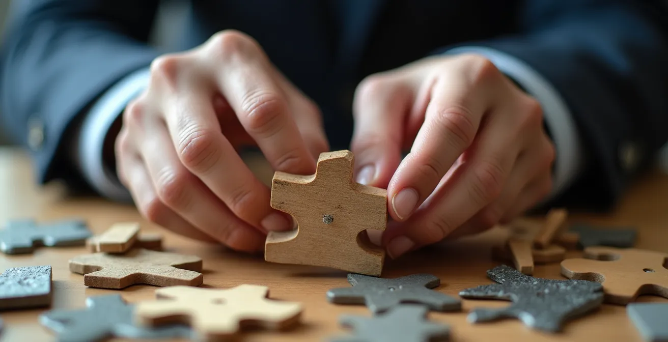 Employee examining growth portfolio with achievements displayed as abstract shapes