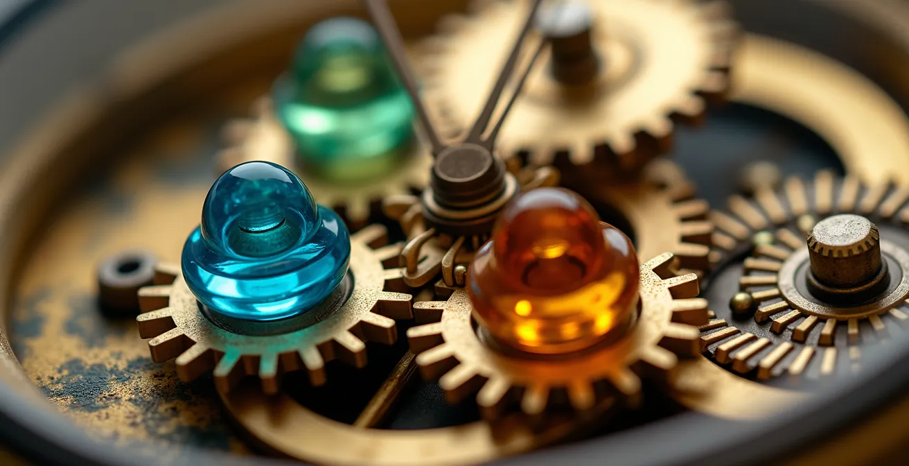 Macro shot of notification timing mechanism with clock elements