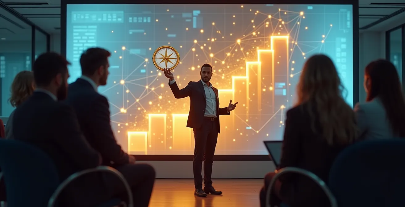 Professional presenting innovative project to senior leadership in modern office setting