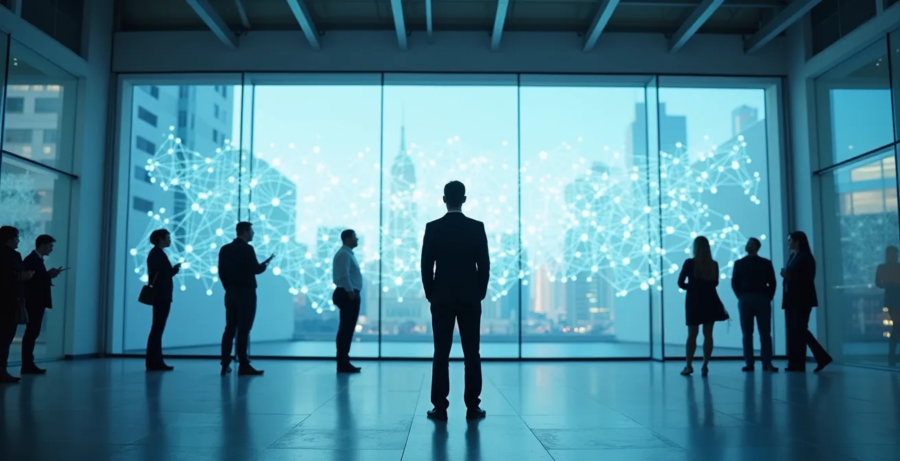 Professional analyzing networking event opportunities through a strategic lens.