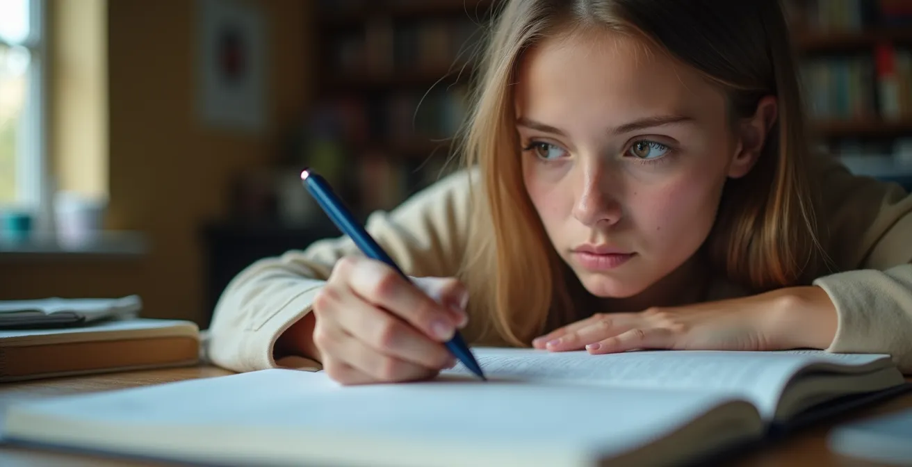Student actively practicing recall with a closed textbook and handwritten notes on a desk.