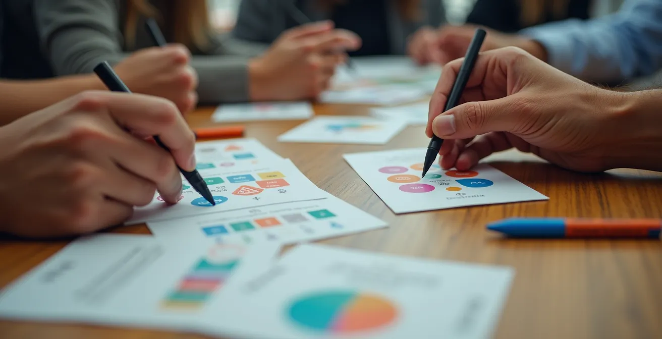 Close-up view of hands arranging scenario cards and markers on a tabletop during crisis training