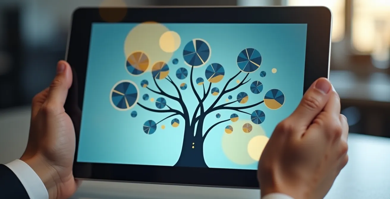 Manager reviewing training compensation decision tree on tablet in office